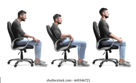 Rehabilitation concept. Collage of man with poor and good posture sitting in armchair on white background - Shutterstock ID 645546721