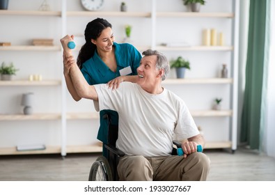 Rehabilitation Of Disabled People Concept. Young Physiotherapist Helping Senior Male Patient In Wheelchair Exercise At Home. Handicapped Elderly Man Training With Dumbbells