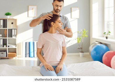 Rehabilitation, head, neck therapy by professional doctor, trainer nurse, manual therapy chiropractor helping female patient, physical therapist doctor massage to cure injury trauma, traumatologist - Powered by Shutterstock