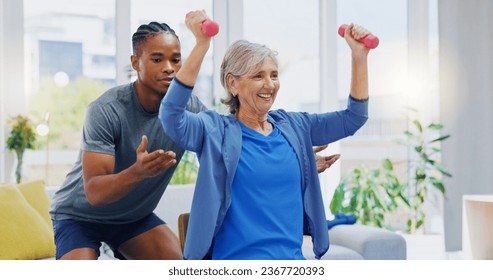 Rehabilitation, strong and woman with a physiotherapist for exercise, strength training and support. Help, fitness and a senior patient lifting dumbbells with black man in physiotherapy for recovery - Powered by Shutterstock