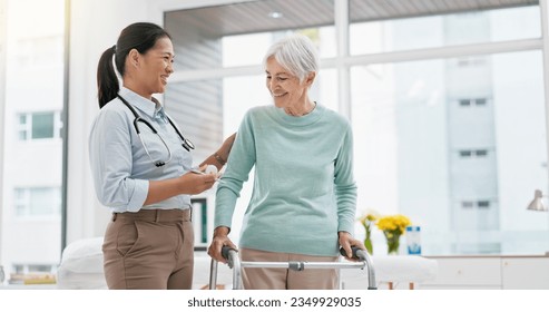 Rehabilitation, walker or doctor walking with old woman in retirement or hospital for wellness or support. Physio, nurse helping or elderly patient learning with frame in physical therapy recovery - Powered by Shutterstock