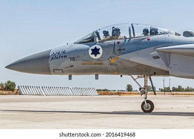 Rehovot, Israel - July 02, 2018: Israeli Air Force fighter pilots sit inside an F-15 Eagle "Baz" and wait for the final tests to be completed before takeoff by the technical team
