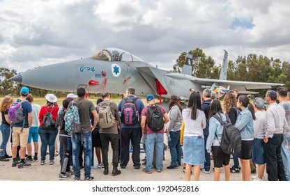 Rehovot, Israel - May 09, 2019: Visitors At Tel Nof Air Base On The 71st Independence Day Of The State Of Israel Watch The F-15 Eagle During An Open Day At The Air Force Bases