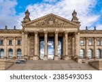 Reichstag building (Bundestag - parliament of Germany) in Berlin with translation "for German people"