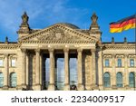 Reichstag building of German parliament Bundestag in Berlin, Germany. Text says: To the German People
