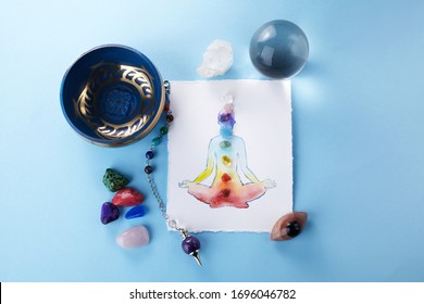 Reiki Healing Chakra Background, With Watercolor Painting And Healing Stones. Yoga, Meditation Concept.