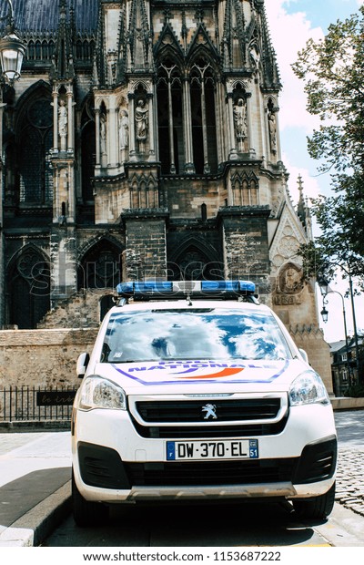 Reims France August 10, 2018 View\
of a french police car in the street of Reims in the\
afternoon