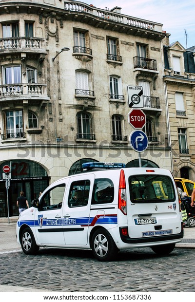 Reims France August 10, 2018 View\
of a french police car in the street of Reims in the\
afternoon