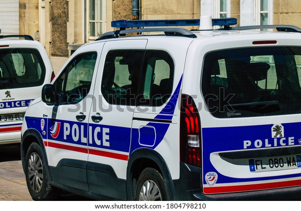 Reims\
France August 20, 2020 View of a traditional French police car\
parked in the historical streets of Reims, a city in the Grand Est\
region of France and one of the oldest in\
Europe