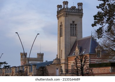 Reims, France - Feb. 2022 - Industrial facilities built in the 19th centuries in a typical, Elizabethan English style, on the estate of the prestigious French Champagne producer Vranken-Pommery