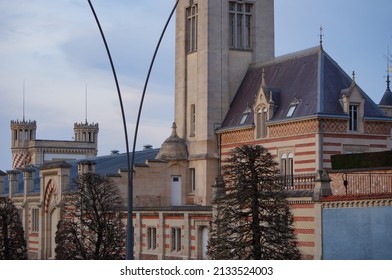 Reims, France - Feb. 2022 - Industrial facilities built in the 19th centuries in a typical, Elizabethan English style, on the estate of the prestigious French Champagne producer Vranken-Pommery