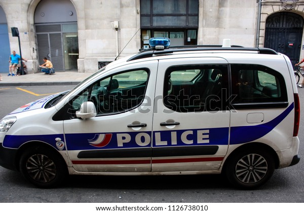 Reims France July 03,
2018 View of a French police car parked in the street of Reims in
the afternoon