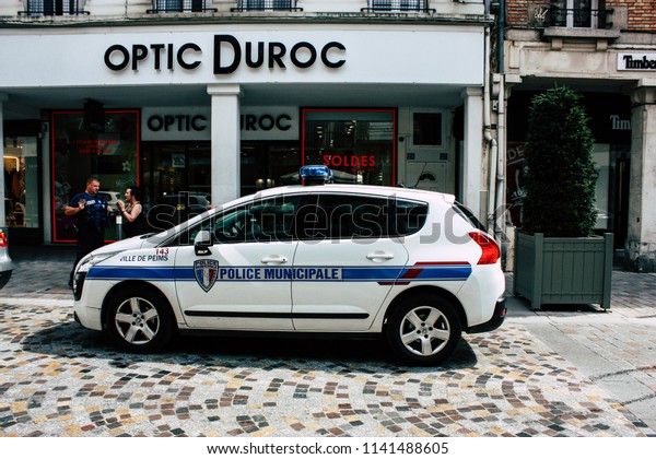 Reims France July 23, 2018 View of\
a French police car in the street of Reims in the\
afternoon
