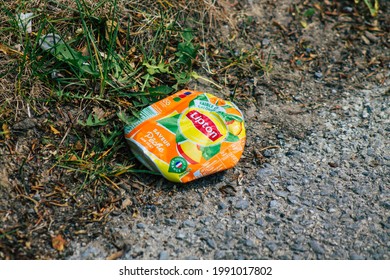 Reims France June 03, 2021 Waste Thrown In The Streets Of Downtown Reims, Branded Consumer Products Are Now Part Of The Urban Decor Of Modern Societies