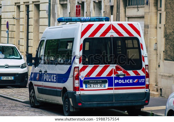 Reims France June 08, 2021 Police car parked\
in front of the court in Reims, they are responsible for the\
transfer of prisoners as well as\
security
