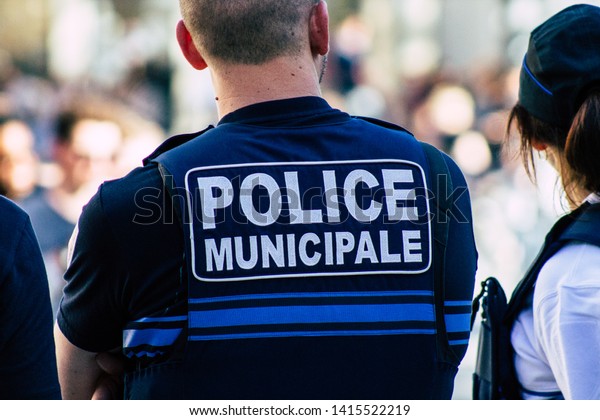 Reims France\
June 1, 2019 View of French policemen patrolling during the\
Johanniques festival, annual French celebration in Reims to\
commemorate the coronation of Charles\
VII