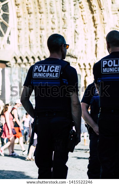 Reims France\
June 1, 2019 View of French policemen patrolling during the\
Johanniques festival, annual French celebration in Reims to\
commemorate the coronation of Charles\
VII