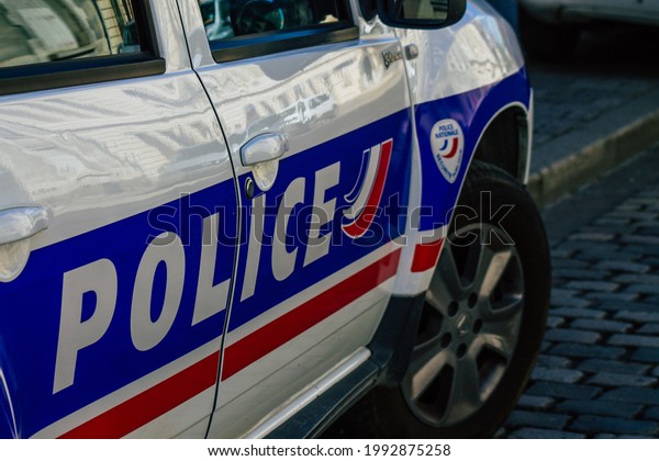 Reims\
France June 11, 2021 Police car parked in the streets of Reims\
during the coronavirus outbreak hitting\
France