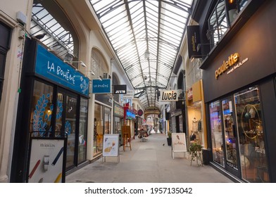 Reims, France - March 2021 - The Covered Passageway Of Subé-Talleyrand, Which Consists In A Shopping Street In Downtown Covered With A Glass Awning, And Bordered By Various Small Local Businesses