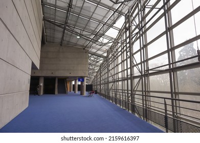 Reims, France - March 2022 - Hallway With A Skylight And Large Bay Windows Supported By Metal Frames, Inside The Convention Center (