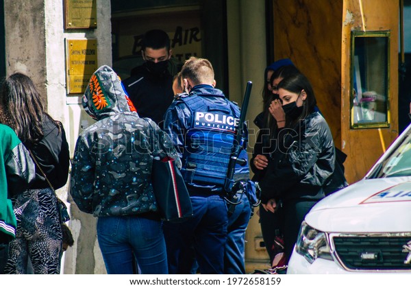 Reims\
France May 05, 2021 Police in intervention in the streets of Reims\
during the coronavirus outbreak hitting\
France