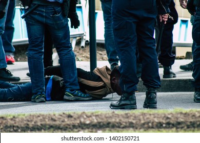 Reims France May 18, 2019 View of unknown rioter under arrest by the police in the streets of Reims during the protests of the Yellow Jackets on Saturday afternoon