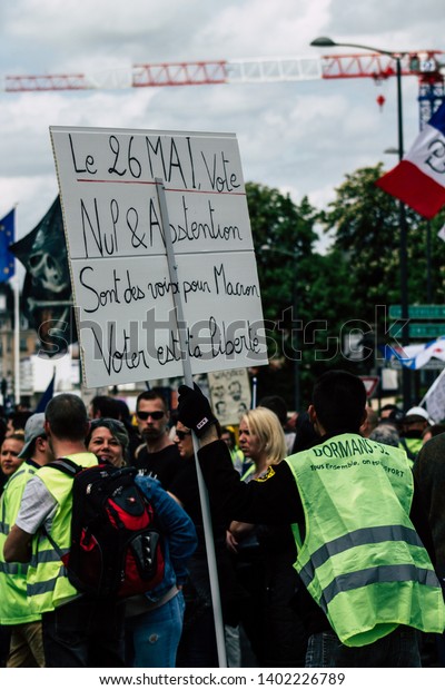 Reims France May 18, 2019 View of\
Yellow Jackets protesters marching against the policy of President\
Macron in the streets of Reims on saturday\
afternoon