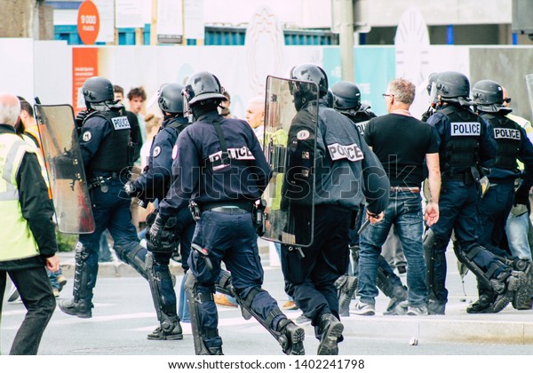 Reims France May 18, 2019\
View of the French National Police loading rioters during protests\
of the Yellow Jackets in the streets of Reims on saturday\
afternoon