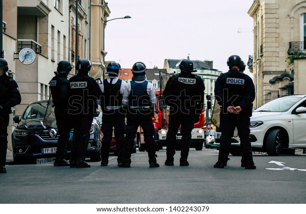 Reims France May 18, 2019 View of the French\
National Police in intervention against the rioters during protests\
of the Yellow Jackets in the streets of Reims on saturday\
afternoon