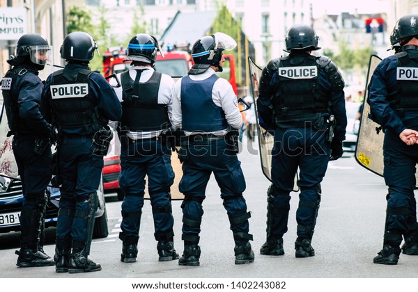 Reims France May 18, 2019 View of the French\
National Police in intervention against the rioters during protests\
of the Yellow Jackets in the streets of Reims on saturday\
afternoon
