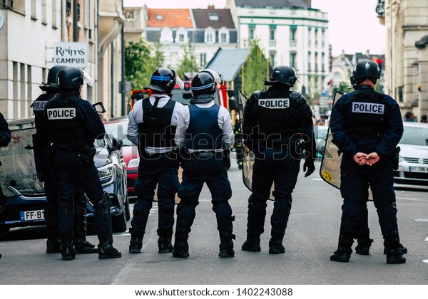 Reims France May 18, 2019 View of the French
National Police in intervention against the rioters during protests
of the Yellow Jackets in the streets of Reims on saturday
afternoon