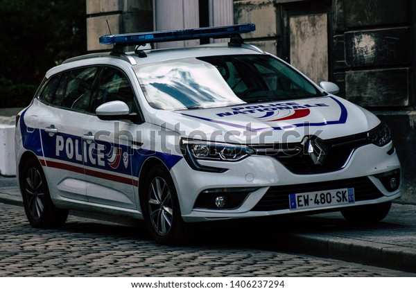 Reims France May 23,
2019 Closeup of French police car parked in the streets of Reims in
the afternoon
