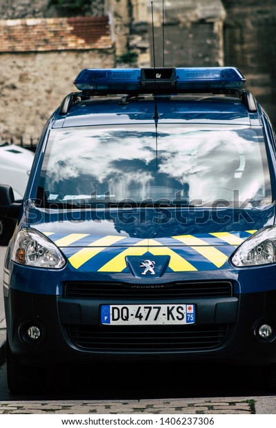 Reims France May 23,\
2019 Closeup of French police car parked in the streets of Reims in\
the afternoon