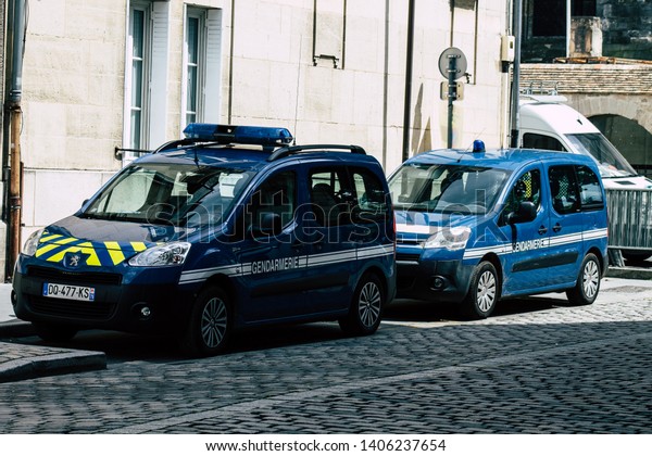 Reims France May 23,\
2019 Closeup of French police car parked in the streets of Reims in\
the afternoon
