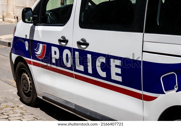 Reims,\
France - May 25, 2022 Police car parked in the streets of Reims\
during the coronavirus outbreak hitting\
France