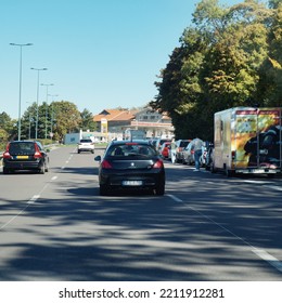 Reims, France - Oct. 9, 2022 - Queue Of Cars In Front Of A TotalEnergies Gas Station, Amid A National Shortage Of Fuel ; Supply Chain For Diesel, And Now Unleaded Petrol, Has Been Broken For Weeks