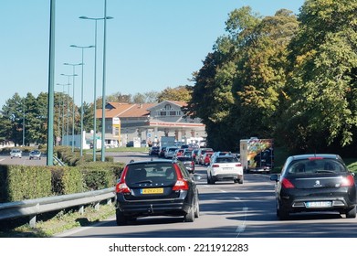 Reims, France - Oct. 9, 2022 - Queue Of Cars In Front Of A TotalEnergies Gas Station, Amid A National Shortage Of Fuel ; Supply Chain For Diesel, And Now Unleaded Petrol, Has Been Broken For Weeks