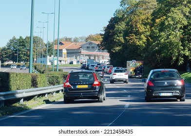 Reims, France - Oct. 9, 2022 - Queue Of Cars In Front Of A TotalEnergies Gas Station, Amid A National Shortage Of Fuel ; Supply Chain For Diesel, And Now Unleaded Petrol, Has Been Broken For Weeks