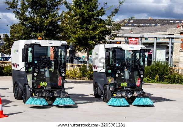 Reims, France - September 17, 2022 Street\
cleaning cars and garbage truck parked in the streets of Reims\
taking part in the world day to clean up our planet, garbage\
collection helps prevent\
pollution
