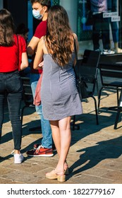 Reims France September 18, 2020 View Of Unidentified People With A Face Mask To Protect Themself From The Coronavirus Queuing Front A Store In The Streets Of Reims