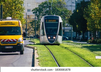 Reims France September 21, 2020 View of a modern electric tram for passengers driving through the streets and part of the public transport system of Reims, a city in the Grand Est region of France