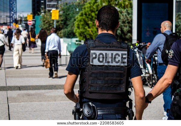Reims,\
France - September 22, 2022 Police patrol the streets of Reims\
during the coronavirus outbreak hitting\
France
