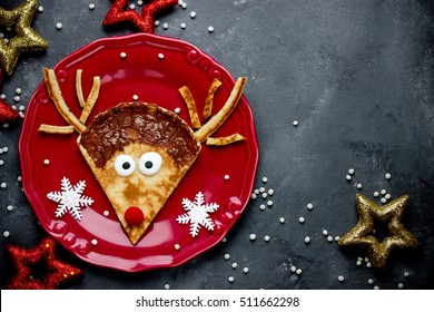 Reindeer Pancakes Recipe. Christmas Fun Food For Kids. Reindeer Pancake For Breakfast