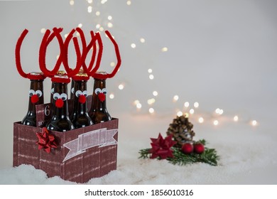 Reindeer themed beer bottles in christmas time