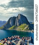 Reine, Lofoten Islands, Norway. Overlooking fishing village and mountains