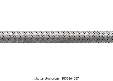 reinforced braided steel hose close-up, plumbing flexible hose binding pattern texture isolated on white background.