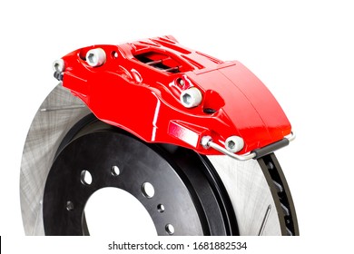 Reinforced brake system kit for production and racing cars. The kit consists of: red sports brake caliper and perforated or notched rotor
