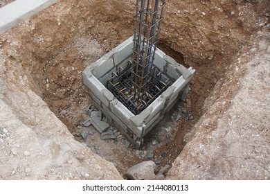 Reinforcement Steel For The Construction Foundation Or Footing In Concrete Formwork For The Next Stage Of Work.