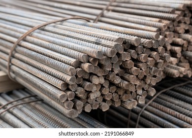 Reinforcing Steel Bar Closeup. Reinforcement Steel Rod And Deformed Bar With Rebar At Construction Site.