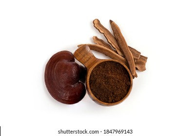 Reishi mushroom ,slices and powder isolated on white background.top view, flat lay